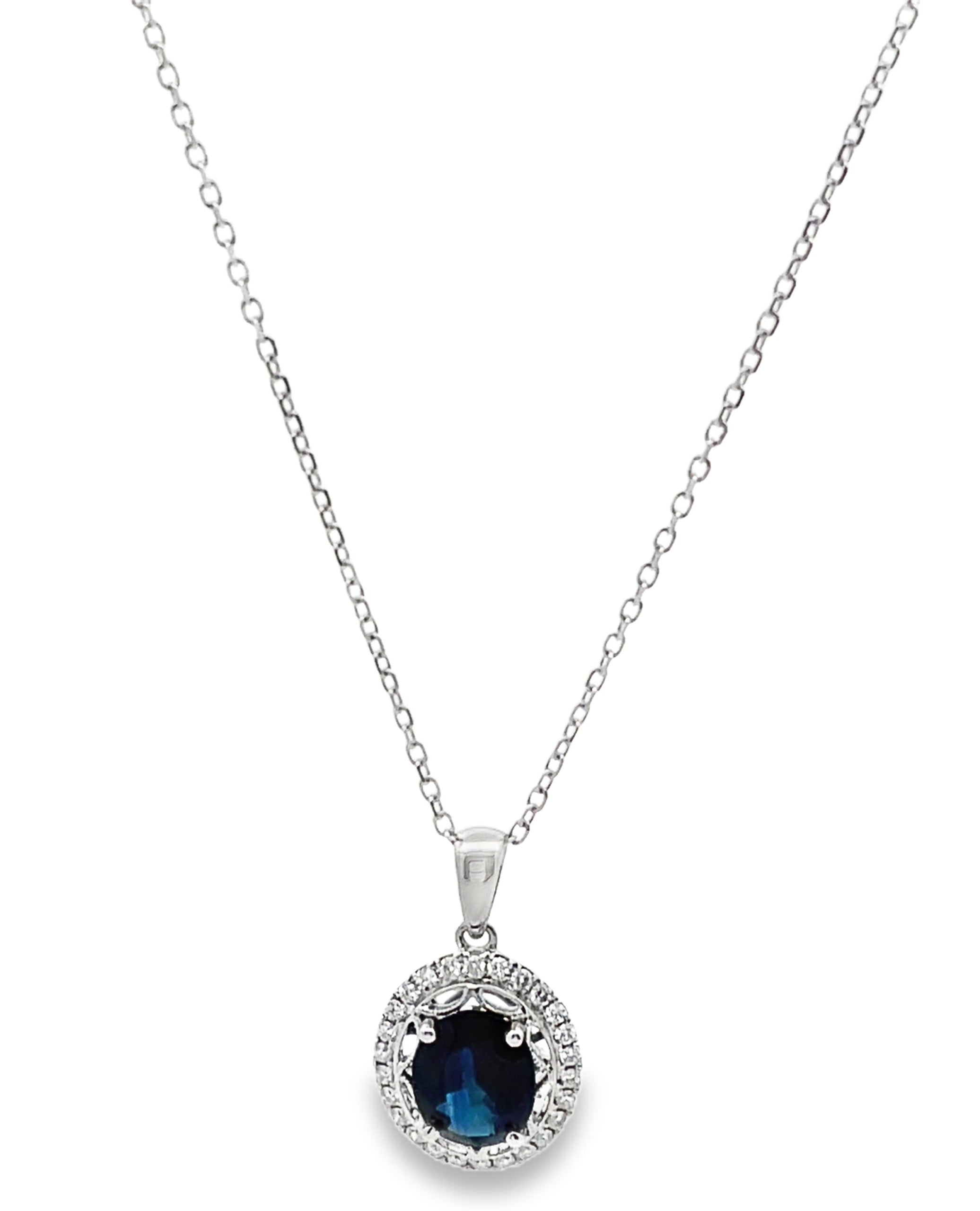 14K White Gold Blue Sapphire & Diamond Pendant Necklace
