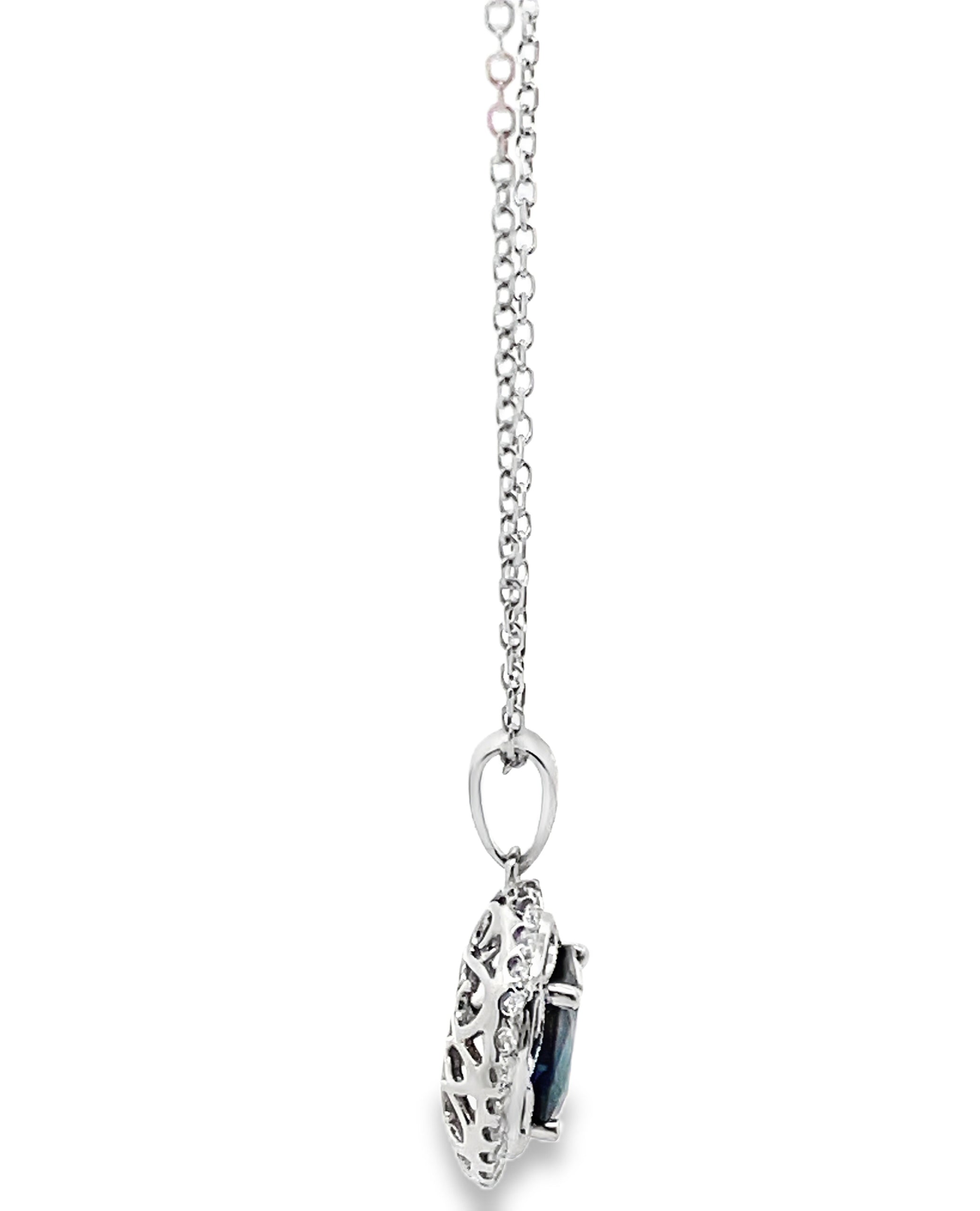 14K White Gold Blue Sapphire & Diamond Pendant Necklace