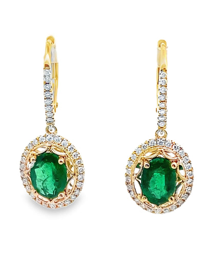 14K Yellow Gold Emerald & Diamond Fancy Drop Earrings