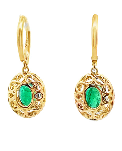 14K Yellow Gold Emerald & Diamond Fancy Drop Earrings