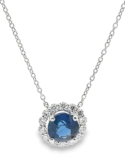 1.95 Ct Sapphire Set in 18K White Gold Pendant Necklace with Adjustable Length 16, 17, 18 Inches