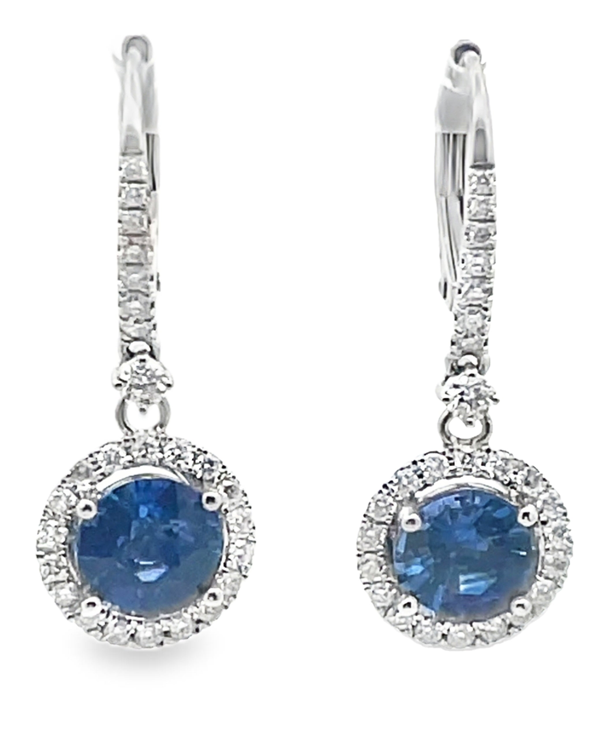 2.86 Ct Sapphire Round Drop Earrings in 14K White Gold with Halo Diamonds 0.55 Ct