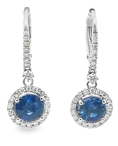 2.86 Ct Sapphire Round Drop Earrings in 14K White Gold with Halo Diamonds 0.55 Ct