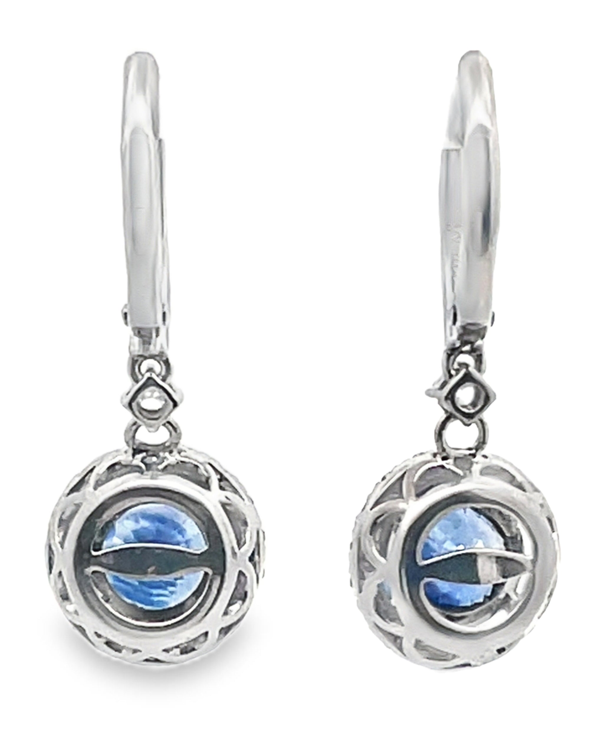 2.86 Ct Sapphire Round Drop Earrings in 14K White Gold with Halo Diamonds 0.55 Ct