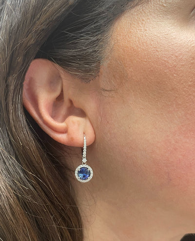 2.86 Ct Sapphire Round Drop Earrings in 14K White Gold with Halo Diamonds 0.55 Ct