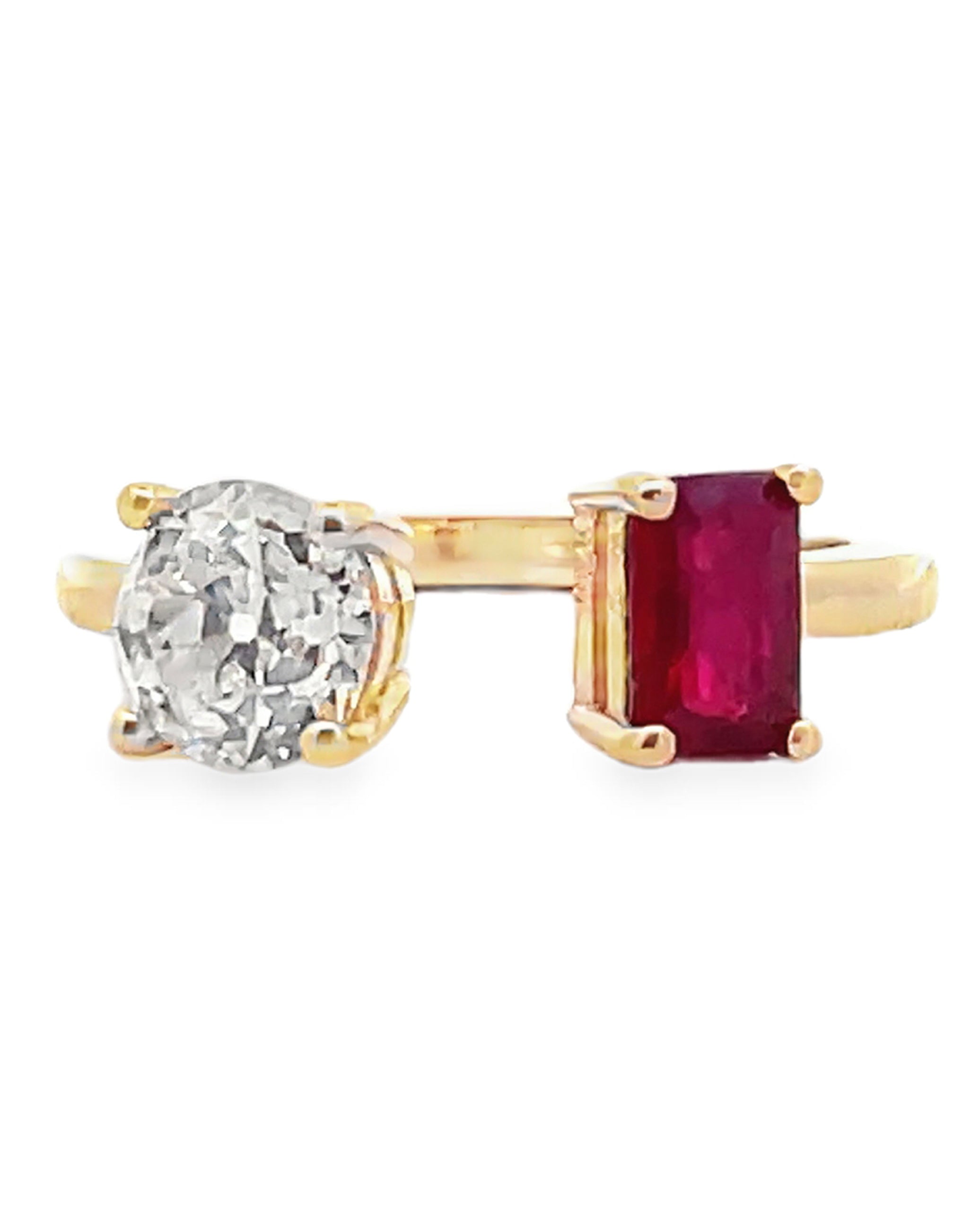 14K Yellow Gold 0.76 Carat Ruby and 1.06 Carat Diamond Prong-Set Bypass Ring