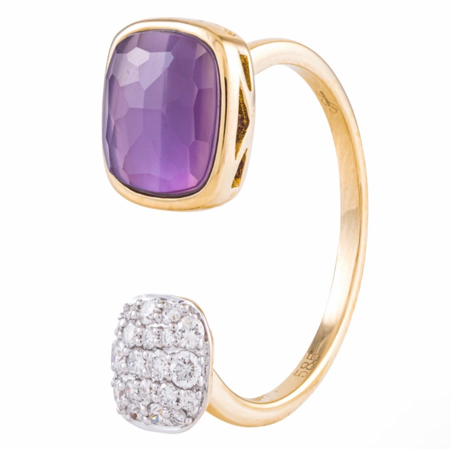 14K Two-Tone Gold Bypass Ring With Round Diamonds Totaling 0.22 Carats, One Amethyst 2.39 Carats
