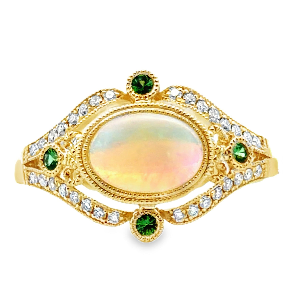14K Yellow Gold Ring with Oval Opal 0.57 Carat, Round Diamonds 0.14 Ct and Green Garnets 0.07 Ct