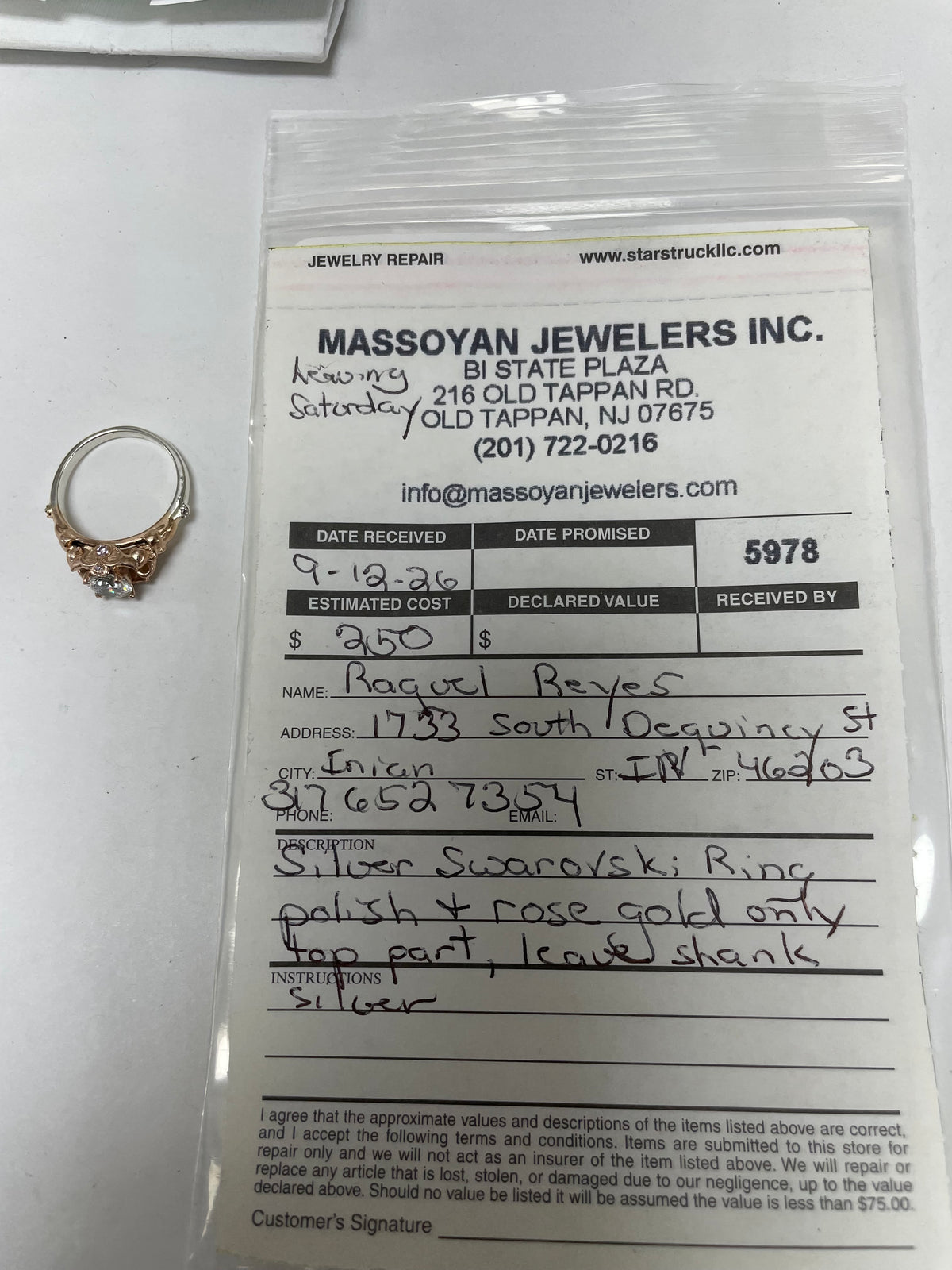 Repair: Silver Swarovski ring, add rose gold plating on top half of ring, polish, leave shank silver
