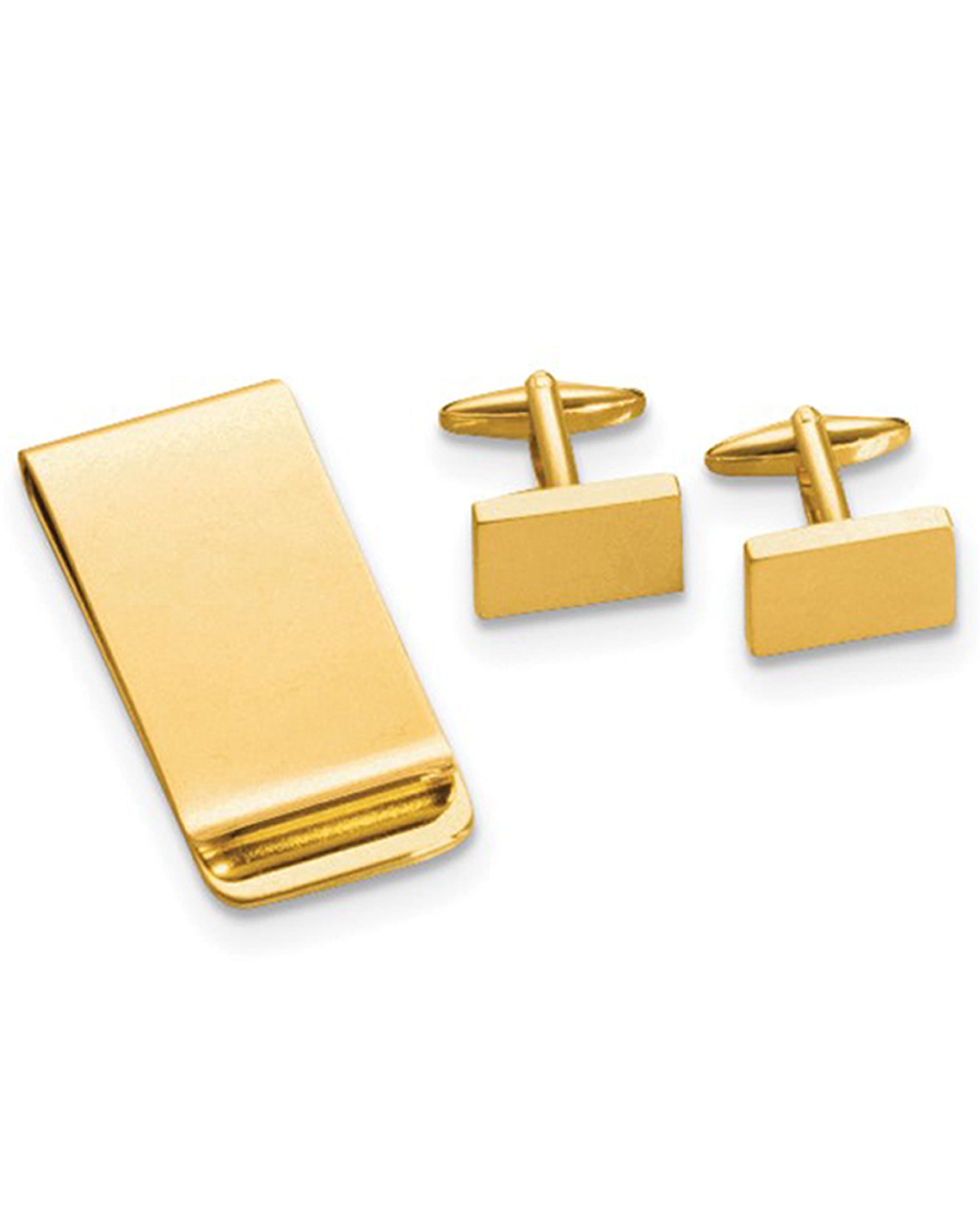 Gold-tone Rectangular Engravable Cuff Link and Money Clip Set