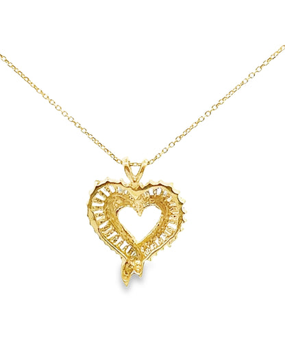 14K Yellow Gold 1.5 Carat Baguette Diamond Heart Pendant Necklace
