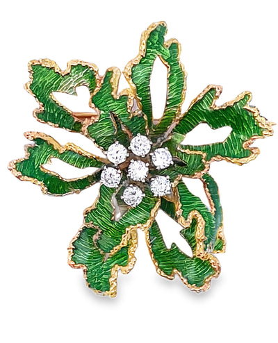 18K Yellow Gold Floral Pin with Green Enamel and Round Diamonds 0.85 Carats