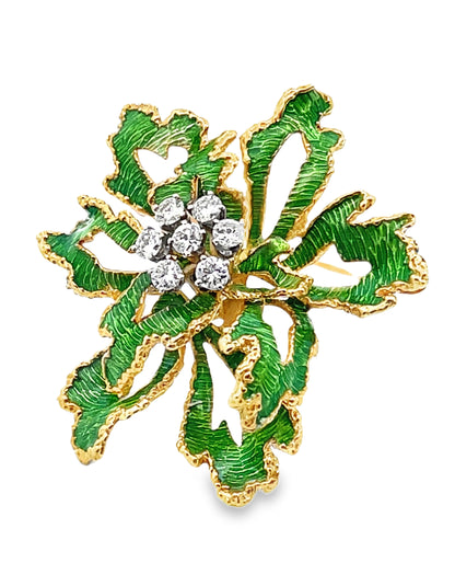 18K Yellow Gold Floral Pin with Green Enamel and Round Diamonds 0.85 Carats