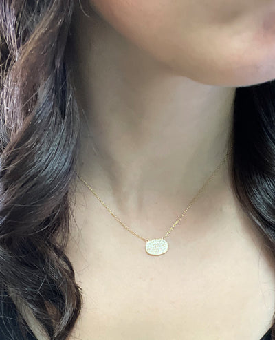 Oval East West Pendant Necklace with Pavé Diamonds Set in 18K Yellow Gold