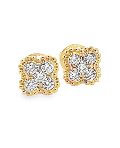 14K Yellow Gold Diamond Four Leaf Quatrefoil Stud Earrings with Pushbacks