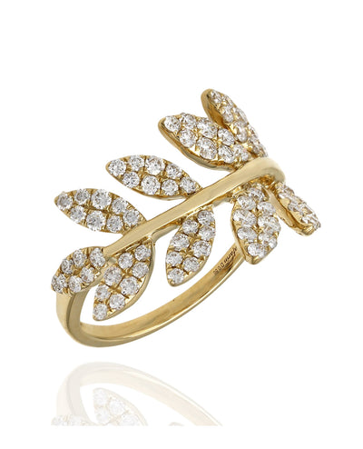 18K Yellow Gold Tapering Curved Leaf Ring with Diamonds 0.92 Carats, G Color VS Clarity