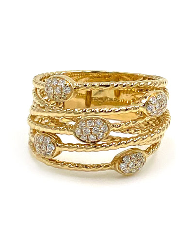 18K Yellow Gold Woven 0.28 Carat Diamond Ring with Cascading Oval Stations