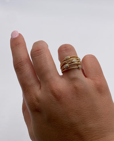 18K Yellow Gold Woven 0.28 Carat Diamond Ring with Cascading Oval Stations