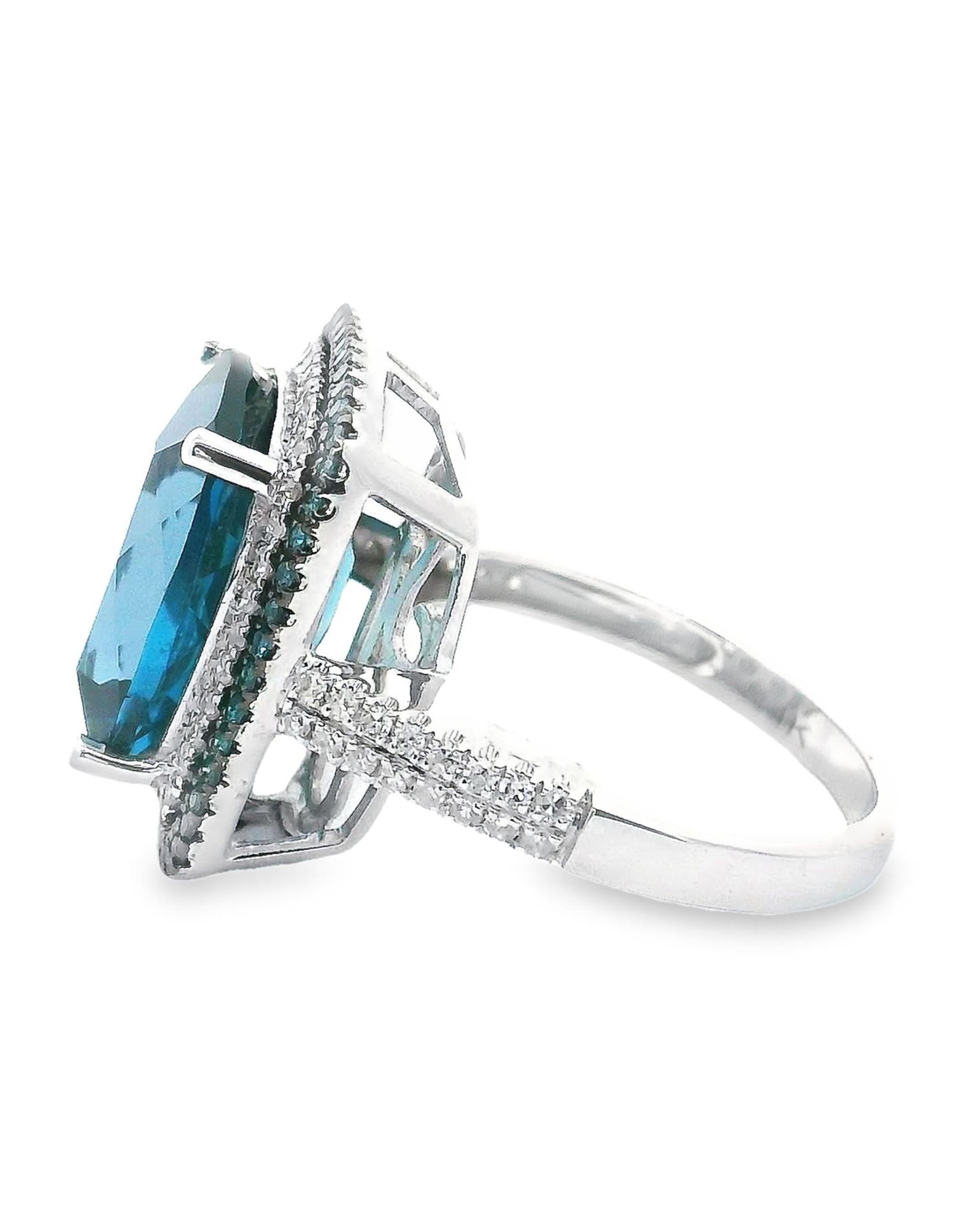 Cushion Cut London Blue Topaz Ring in 14k White Gold with Treated Blue Diamonds