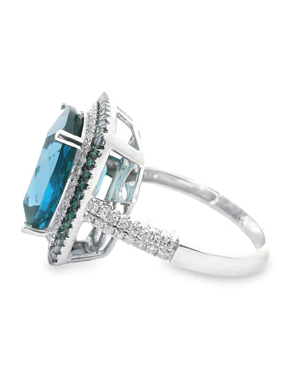 Cushion Cut London Blue Topaz Ring in 14k White Gold with Treated Blue Diamonds