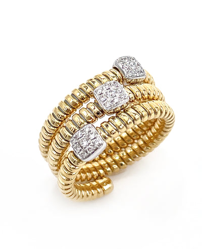 Flexible Ridged Wrap Ring with Square Stations of Diamonds in 18K Yellow Gold