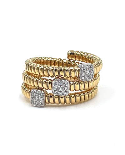 Flexible Ridged Wrap Ring with Square Stations of Diamonds in 18K Yellow Gold