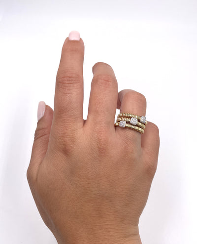 Flexible Ridged Wrap Ring with Square Stations of Diamonds in 18K Yellow Gold