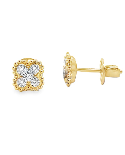 14K Yellow Gold Diamond Four Leaf Quatrefoil Stud Earrings with Pushbacks