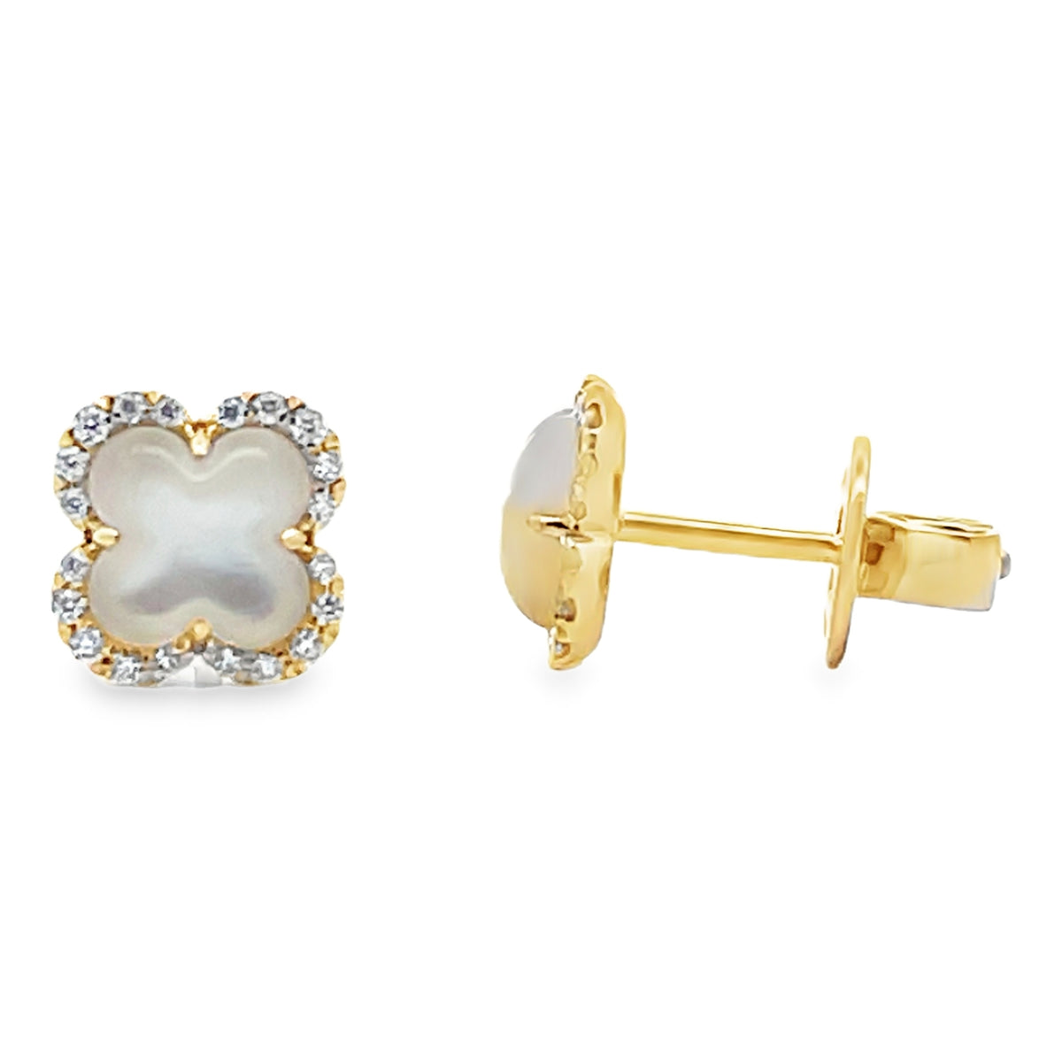 14K Yellow Gold Four Leaf 9.2mm Mother Of Pearl Stud Earrings