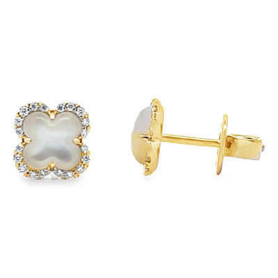14K Yellow Gold Four Leaf 9.2mm Mother Of Pearl Stud Earrings