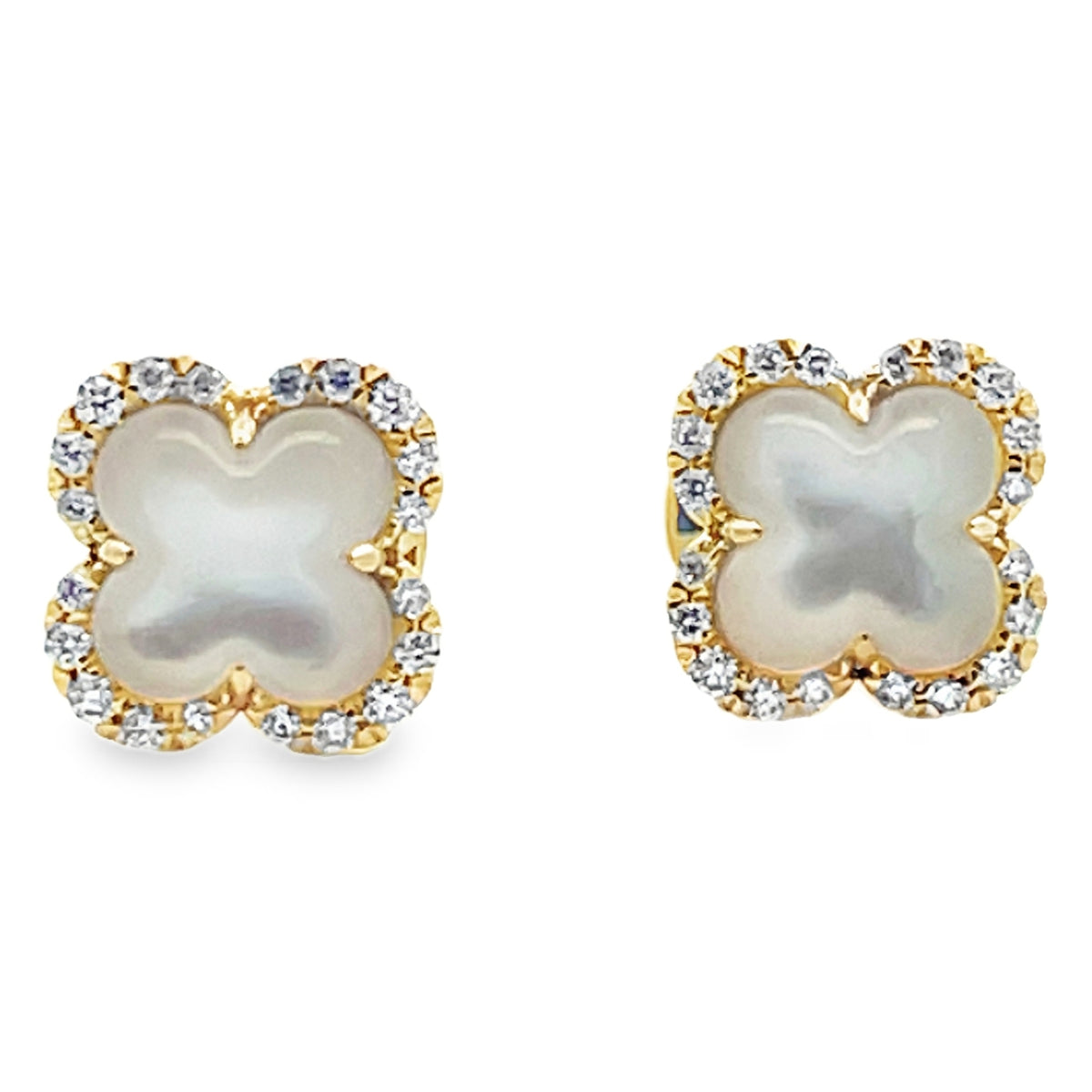 14K Yellow Gold Four Leaf 9.2mm Mother Of Pearl Stud Earrings