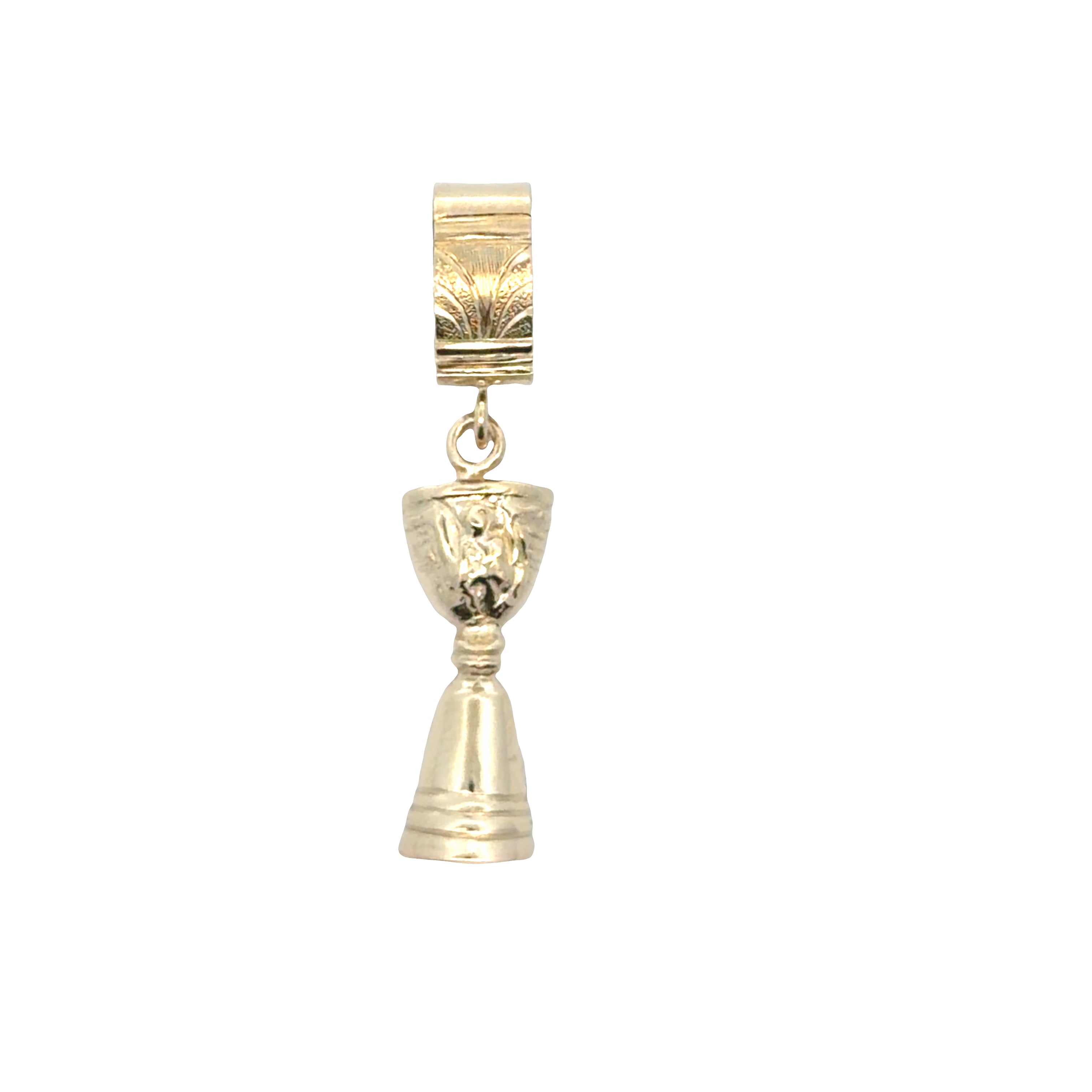 14K Yellow Gold Custom Chalice Pendant Enclosed with 14K Gold Back and Side Plates. Custom Large Hand Engraved Bail