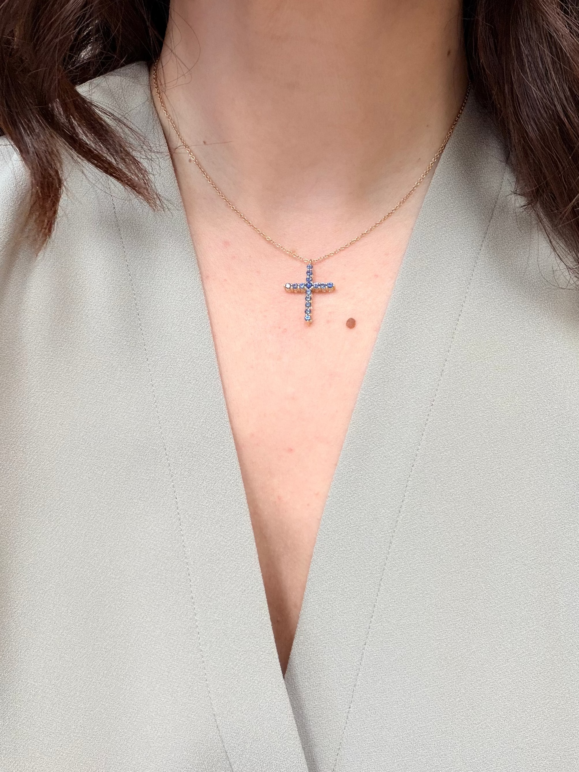18K Yellow Gold Reversible Blue Sapphire & Diamond Cross Pendant Necklace