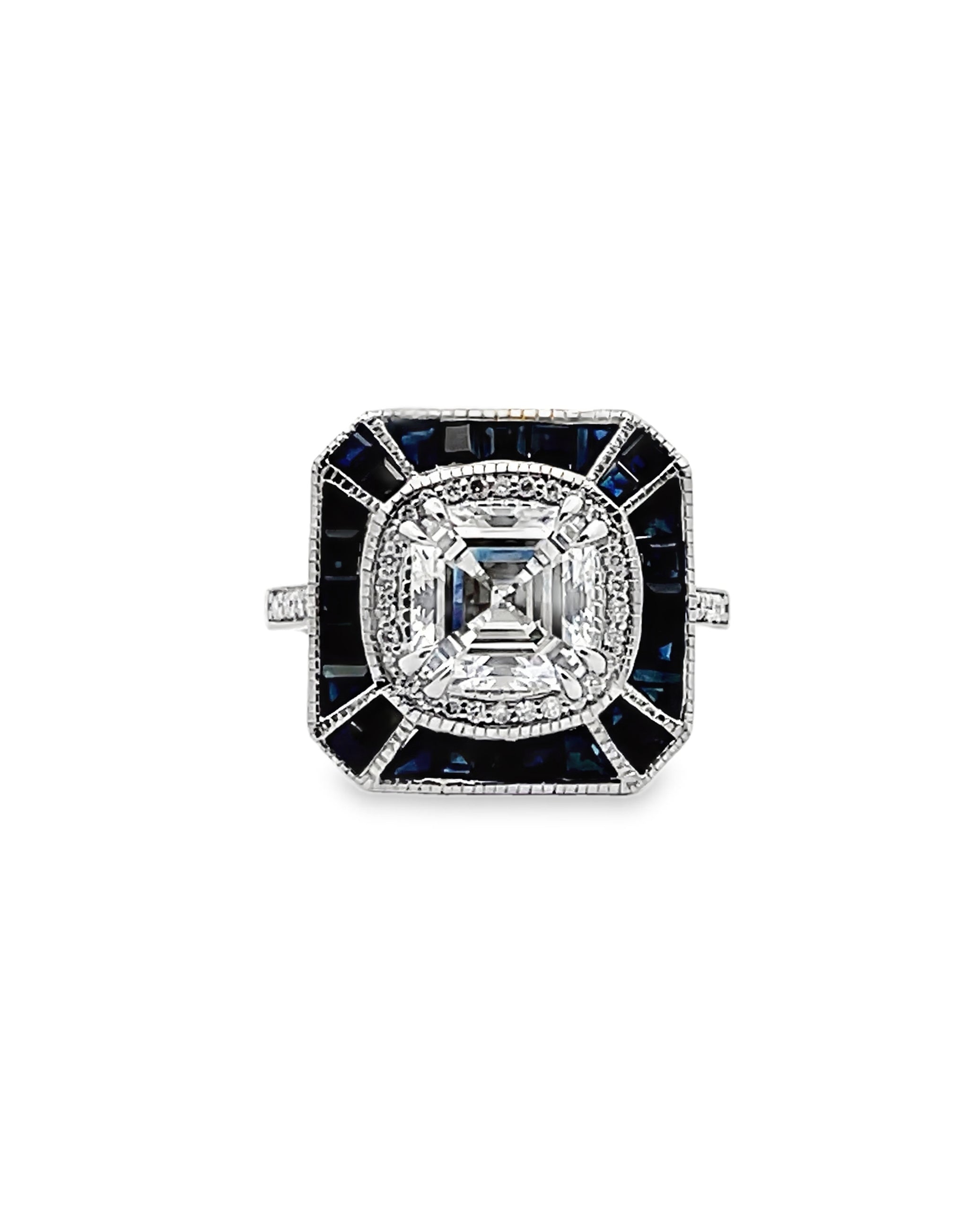 18K White Gold Art Deco Inspired Sapphire, Diamond and Lab Grown Ring