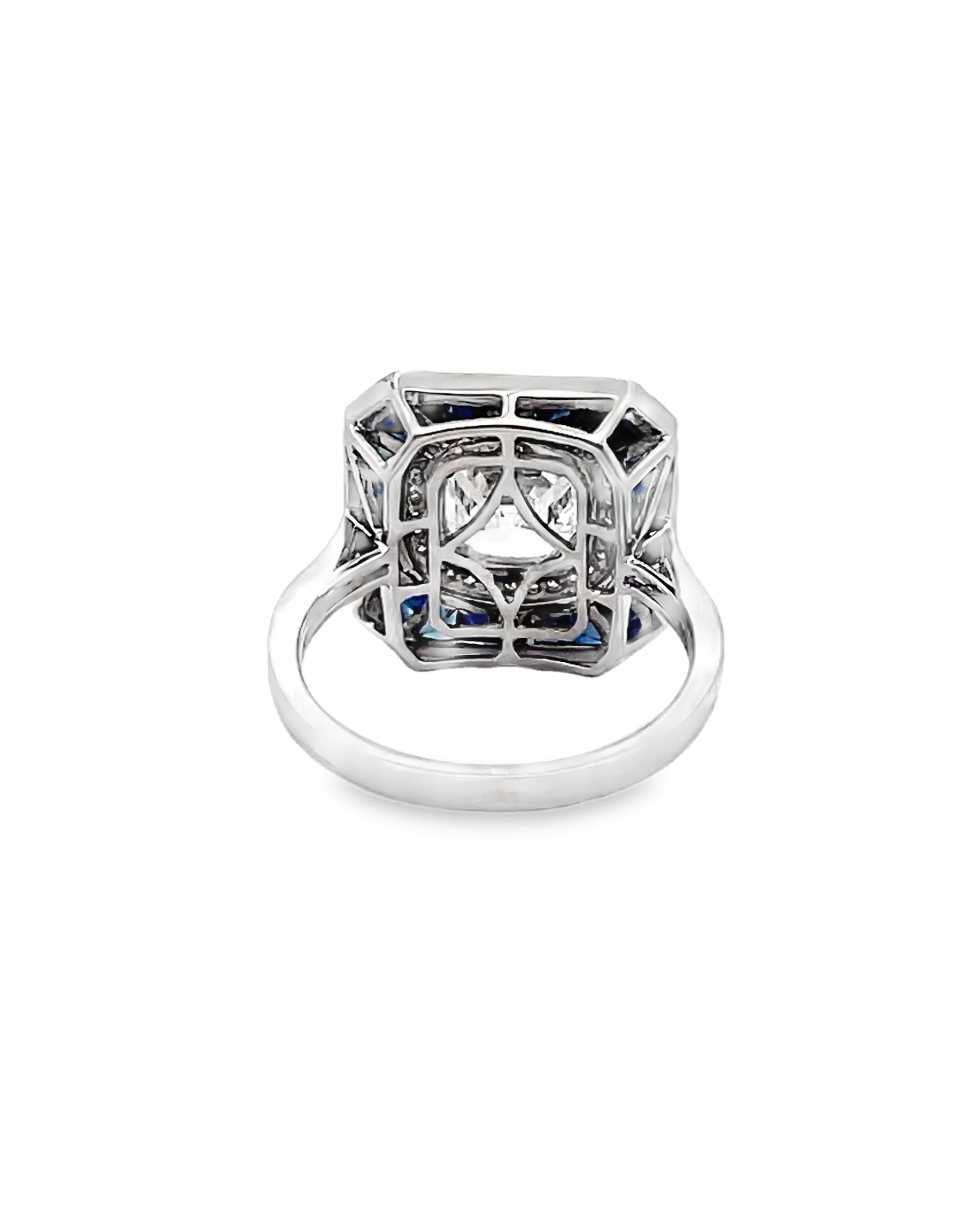18K White Gold Art Deco Inspired Sapphire, Diamond and Lab Grown Ring