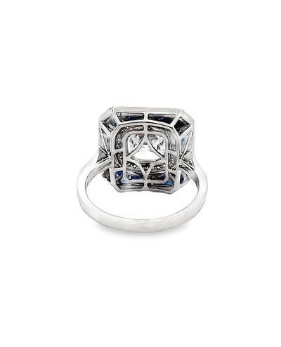 GIA Certified Lab Grown Diamond in 18K White Gold Art Deco Inspired Ring with Sapphires