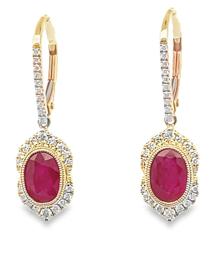 14K Yellow Gold Drop Earrings with Oval Shaped Rubies 2.06 Carats and Round Faceted Diamonds 0.30 Carats
