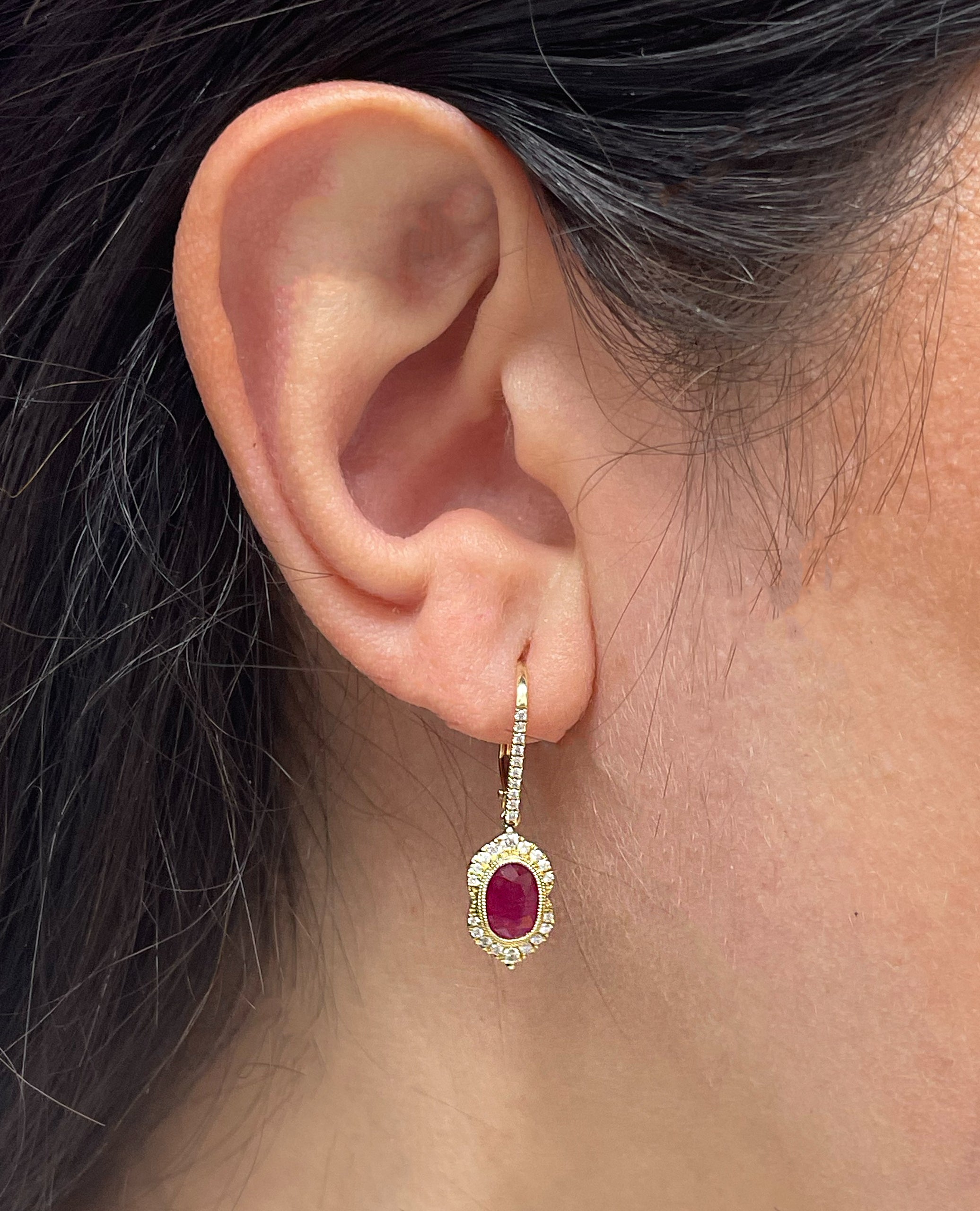 14K Yellow Gold Drop Earrings with Oval Shaped Rubies 2.06 Carats and Round Faceted Diamonds 0.30 Carats