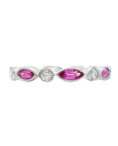 14K White Gold 0.55 Ct Marquise Pink Sapphire & 0.19 Carat Diamond Band Ring