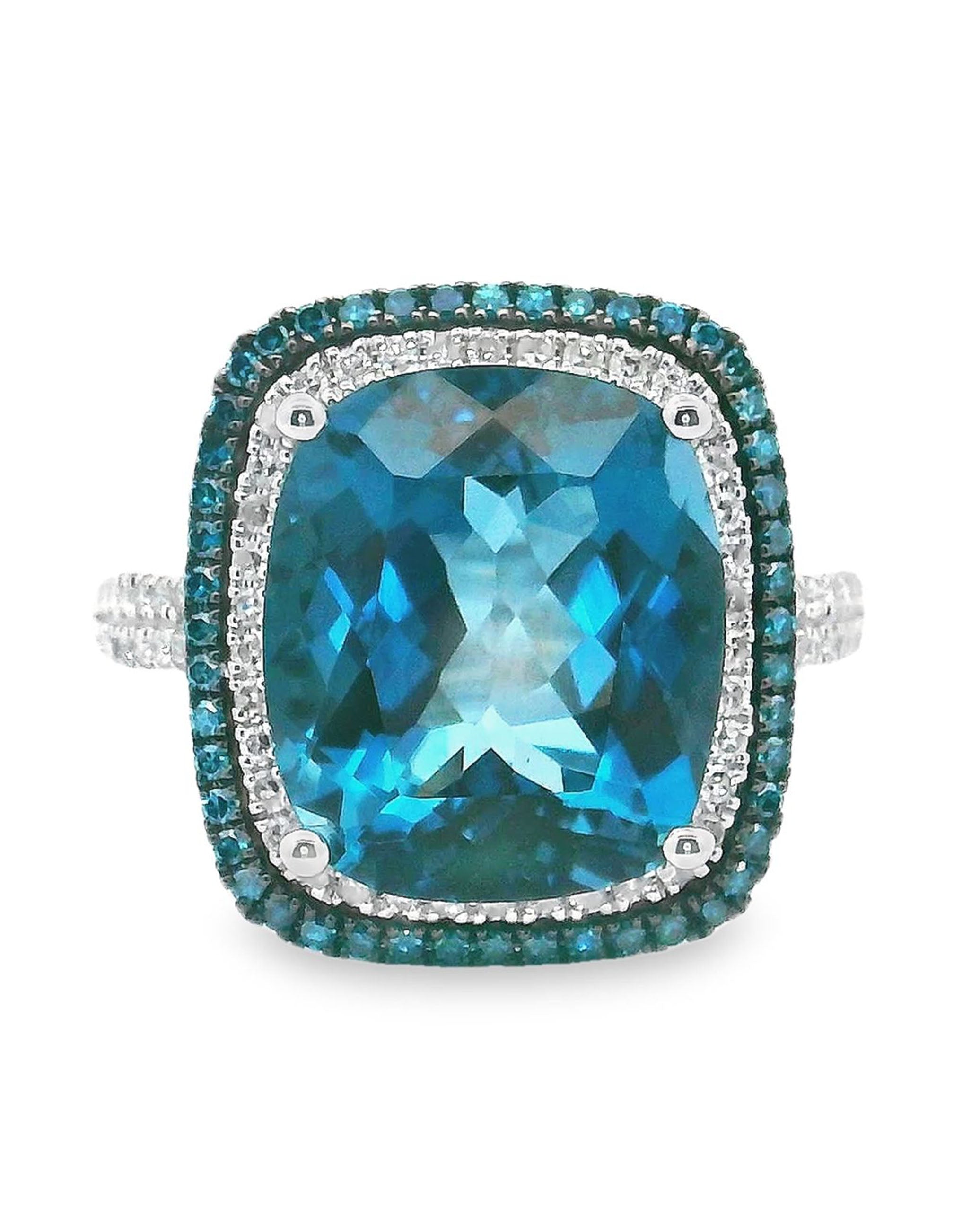 Cushion Cut London Blue Topaz Ring in 14k White Gold with Treated Blue Diamonds