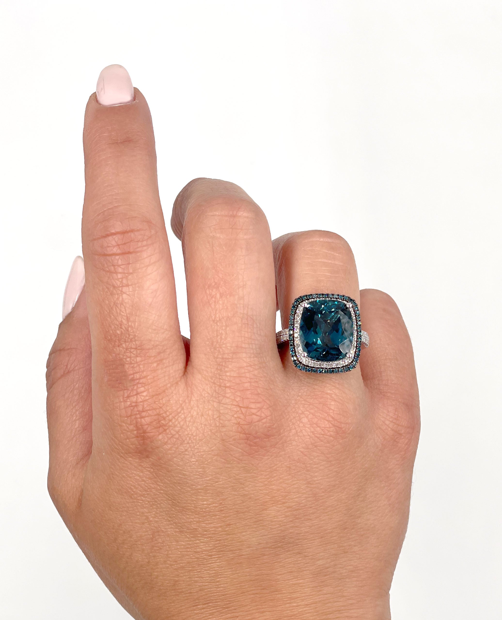 Cushion Cut London Blue Topaz Ring in 14k White Gold with Treated Blue Diamonds