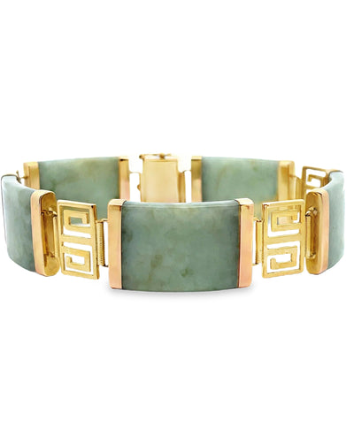Pre-Owned 14K Yellow Gold and Jade Bracelet with Greek Key Motif