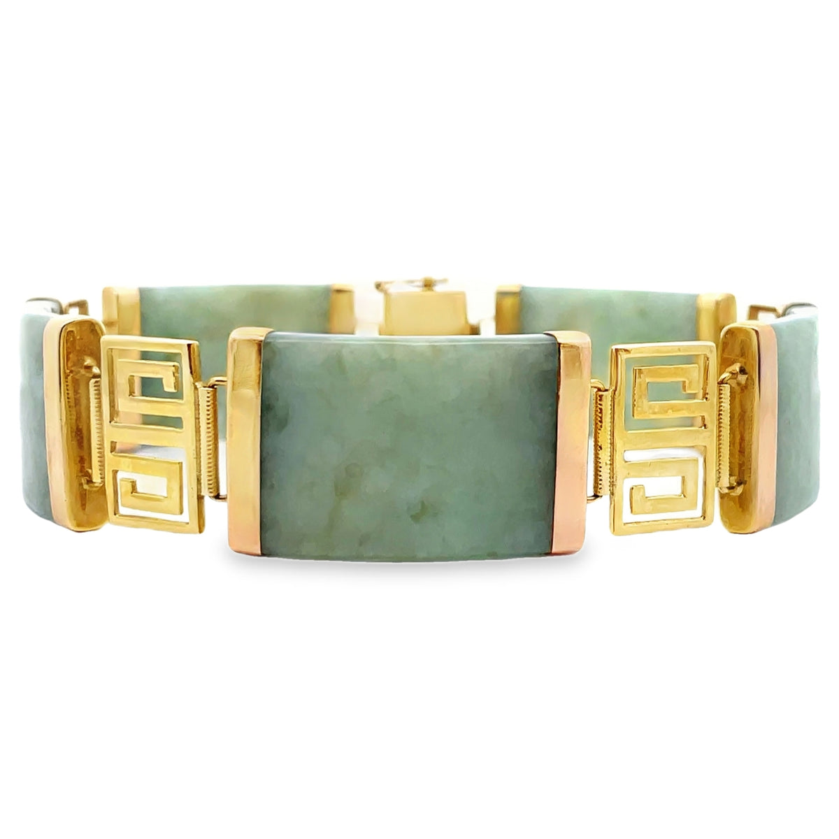 Pre-Owned Vintage 14K Yellow Gold and Jade Bracelet with Greek Key Motif