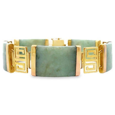 Pre-Owned Vintage 14K Yellow Gold and Jade Bracelet with Greek Key Motif