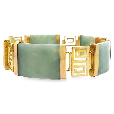Pre-Owned Vintage 14K Yellow Gold and Jade Bracelet with Greek Key Motif