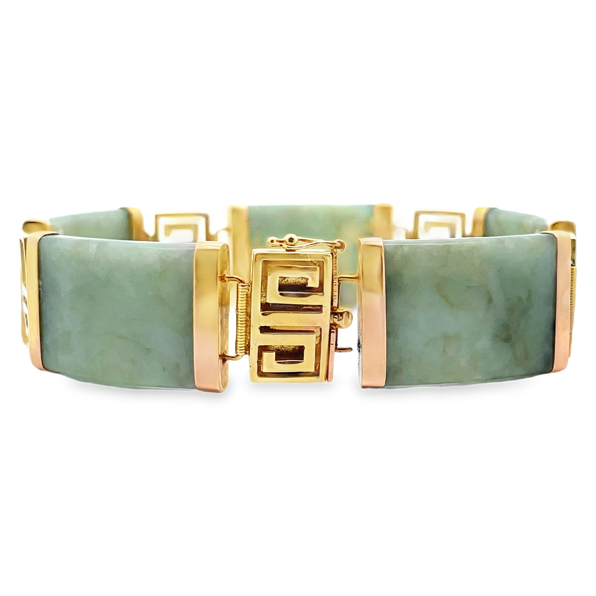 Pre-Owned Vintage 14K Yellow Gold and Jade Bracelet with Greek Key Motif