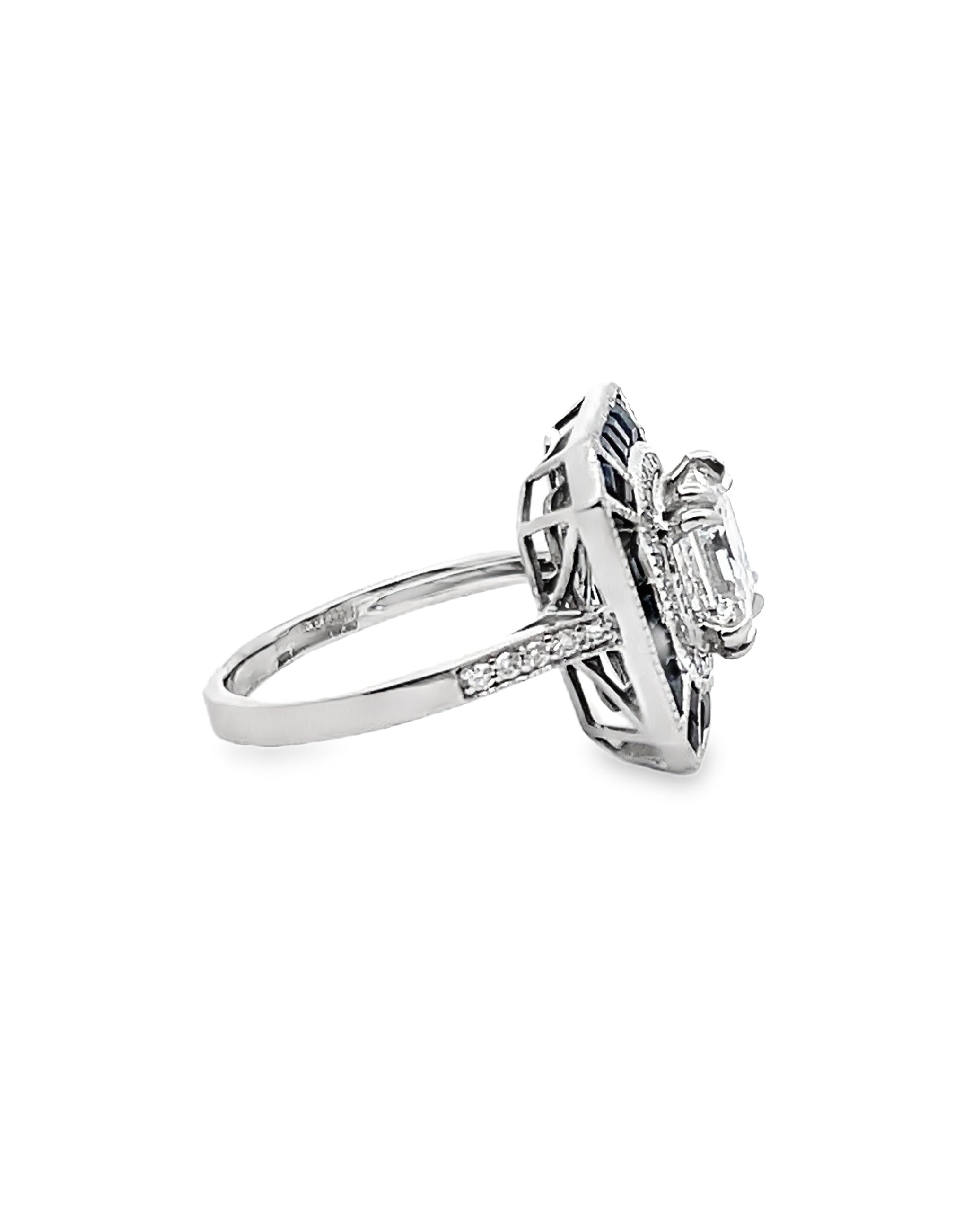 18K White Gold Art Deco Inspired Sapphire, Diamond and Lab Grown Ring