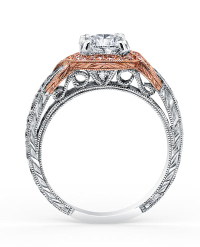 Kirk Kara K150R65RWR Pirouetta 18K White and Rose Gold Halo Engagement Ring with Round Diamonds and Beading