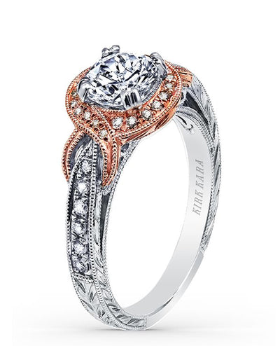 Kirk Kara K150R65RWR Pirouetta 18K White and Rose Gold Halo Engagement Ring with Round Diamonds and Beading