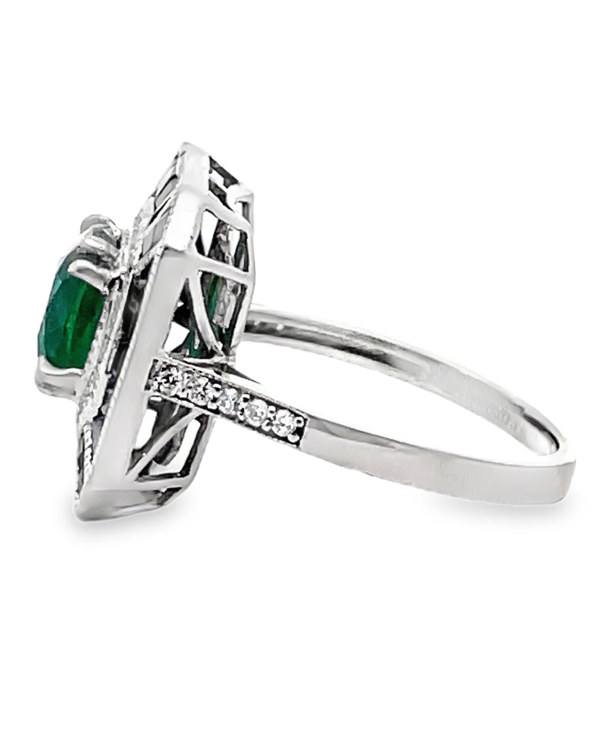Cushion Cut Emerald 1.71 ct in 18K White Gold Art Deco Inspired Ring with Sapphires